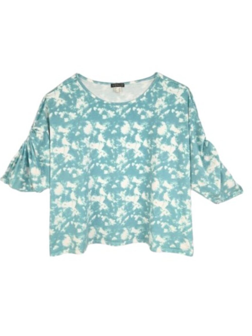 Venus Blue White Tie Dye Ruched Sleeve Stretch Blouse 3X
